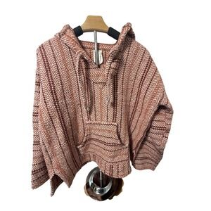 Baja Sol Hoodie Adult L Rust Orange Herringbone Striped Mexican Poncho Pullover